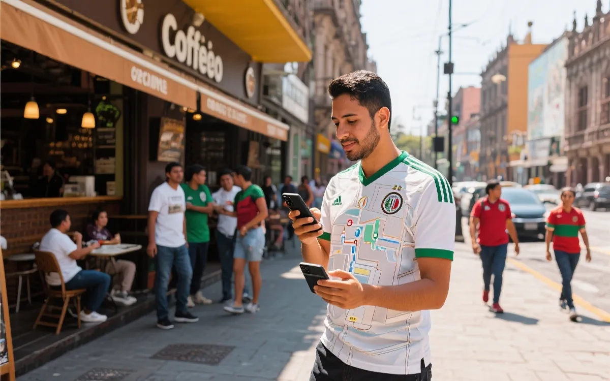 墨西哥城街头咖啡店与球迷用手机导航支付的旅行场景